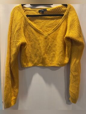 Lulus Sunny Days Mustard Yellow Cropped V-Neck Knit Sweater - Size Large